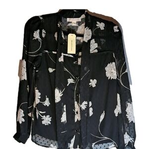 Monteau Los Angeles Boho Fairy Floral Swiss Dot Sheer Puff Blouse Size Medium